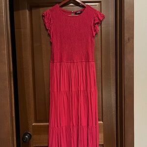 Flutter Sleeve Smocked Elastic Midi Dress